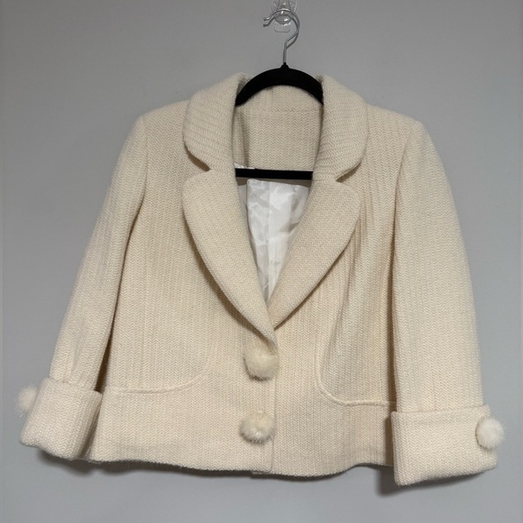 Cara Lotti Cream Angora Wool Knit Cropped Jacket Sizee Medium Made in France - Picture 1 of 11